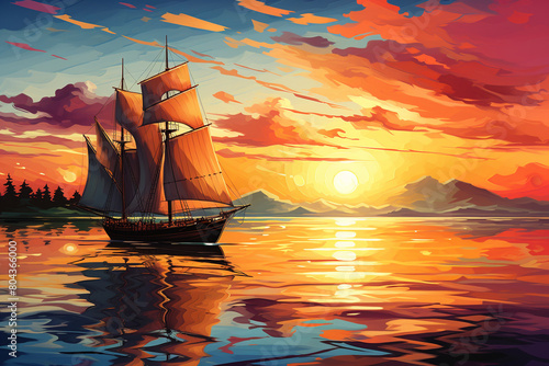 A traditional wooden sailboat gliding across a tranquil bay under a colorful sunset sky, isolated on solid white background.