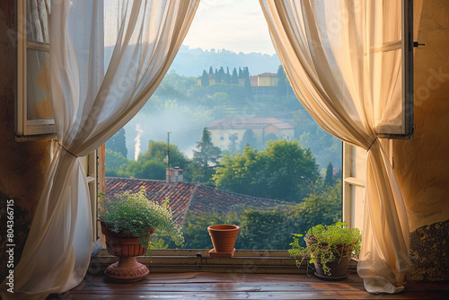 A charming window with billowing curtains framing a picturesque view.