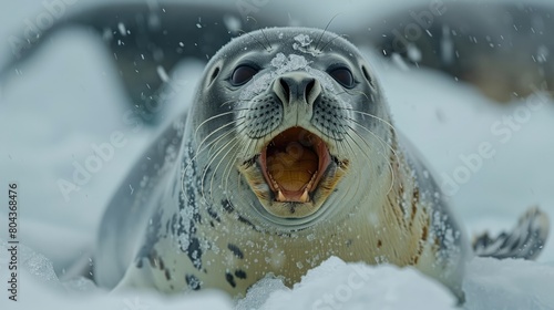 Bearded seal, Erignathus barbatus, stretching and yawning on sea ice Genrative AI