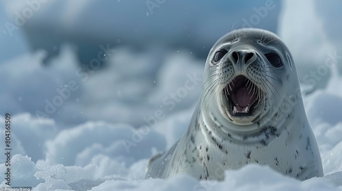 Bearded seal, Erignathus barbatus, stretching and yawning on sea ice Genrative AI