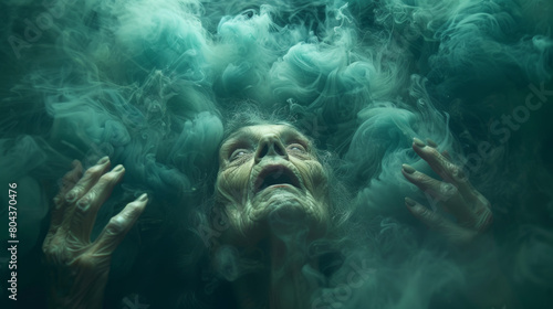 old woman with Despair: Hollow gaze, trembling hands, drowning in a sea of hopelessness.