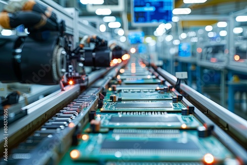 Electronic microchips and printed circuit boards are assembled on an automated assembly line in a manufacturing workshop. Generative AI