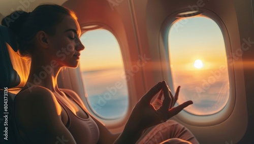 A woman meditating in the plane, sitting in an airplane window with a beautiful sunset view outside.