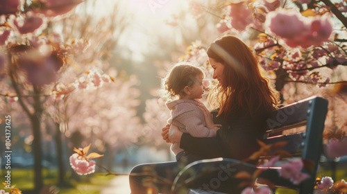 Mother with child sharing a tender moment, a young woman with long brunette hair gently holding her toddler, they're sitting on a park bench