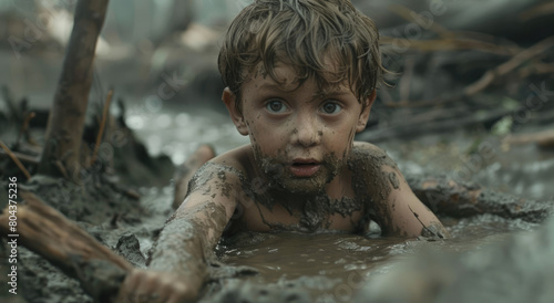 A young boy plays in the mud