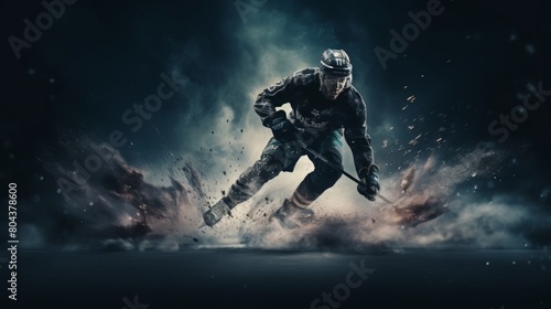 Professional ice hockey player shooting puck in arena with dramatic 3d flying motion