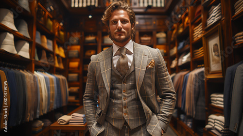 This Suited elegance: Man exudes sophistication in a luxury clothing store, embodying refined style and impeccable taste