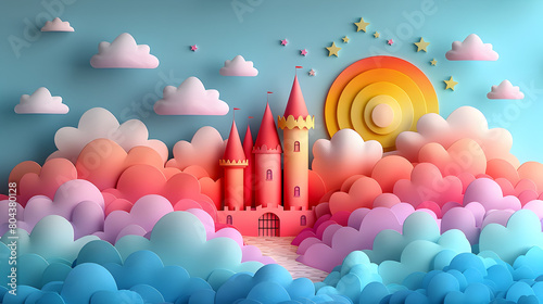 Whimsical Paper Cut of Fairytale Castle Amidst Fluffy Clouds in Pastel Color Style