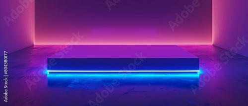 Create a 3D rendering of a glowing blue and purple neon stage with a spotlight. Render the image from a low angle and make the stage the main focus.