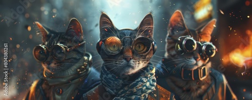 A group of cats wearing steampunk goggles are standing in a post-apocalyptic wasteland