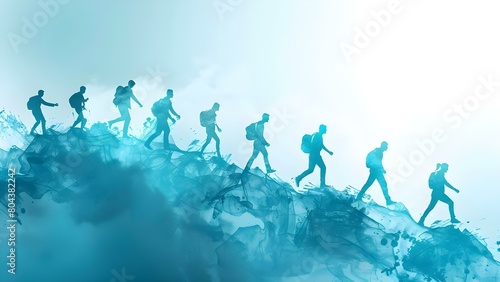 Abstract illustration of teamwork and cooperation to overcome obstacles and reach success. Concept Teamwork, Cooperation, Obstacles, Success, Abstract Illustration