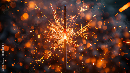 A single sparkler letting off a shower of gold flares and sparks, Fourth of July Sparkler Pyrotechnics 