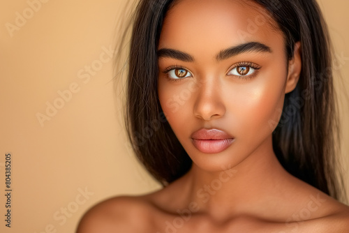 Young beautiful multiracial woman, brunette beauty model with brown eyes and bare shoulders posing on beige background with copy space. Skin care product advertising. Clean facial skin.