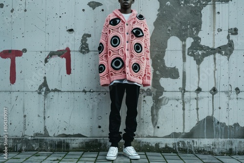 Young black man wearing large pink crocheted cardigan, unusual outdoor photo with meadow, sky and clouds, fashion magazine cover style, AI generated image