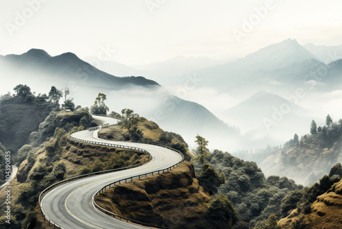 A winding mountain road with hairpin turns offering breathtaking views of valleys below, isolated on solid white background.