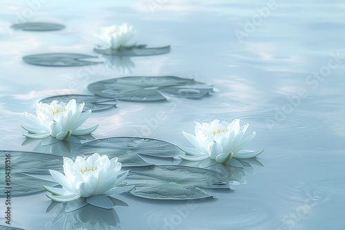 A serene background with a delicate water lily pattern floating on a calm pond surface, ed in soft blues and whites.