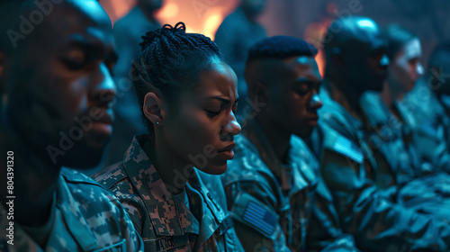 Depict a diverse group of military personnel, including various races and genders, participating in a prayer session on USA Prayer Day at a military base
