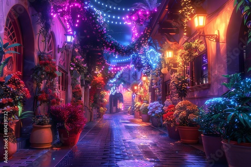 3Drendered magical alley with vibrant colors, futuristic elements, suitable for an imaginative wallpaper