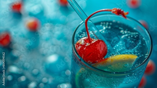 A pictureperfect mocktail of lemonlime soda blue curacao and pineapple juice topped with a maraschino cherry.