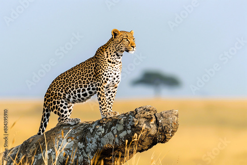 Wild cat jaguar in the African savanna. The leopard is hunting.