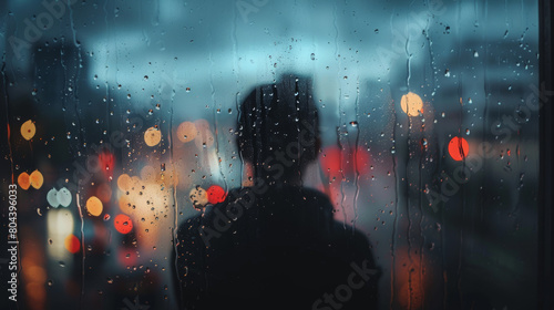 The raindrops on the windowpane create a distorted view of the city lights outside.