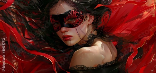 A beautiful girl wearing a beautiful black dress and a red mask