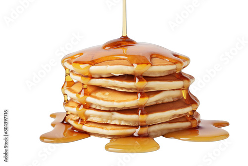 A stack of pancakes with syrup being poured on top. White background, Transparent background.
