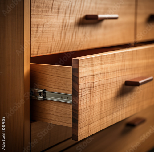 Drawers of wood, one is open; wooden handles and an interesting texture on the drawer faces; appears hand-made quality