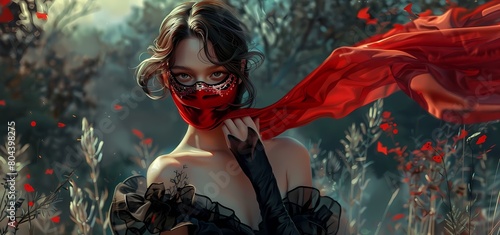 A beautiful girl wearing a beautiful black dress and a red mask