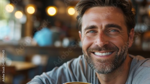 A man smiling with contentment as he takes a sip of his perfectly brewed artisan coffee feeling the warmth and complexity of the flavors.