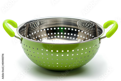 aluminum colander with plastic light green handles on a white isolated background