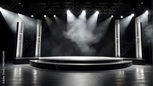 Black and white. Stage with smoke float up and spotlights.