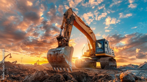 Team of workers guiding a large excavator as it digs at a construction site, demonstrating teamwork and precision.