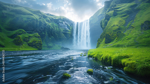 A majestic waterfall cascades down moss-covered cliffs. Created with Ai