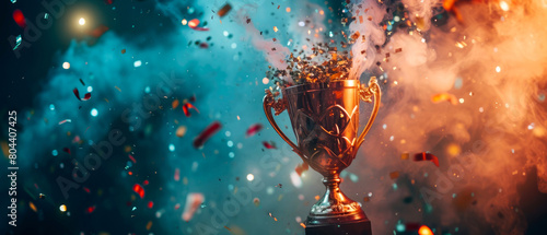 Champion golden trophy cup, goblet, bowl with sparkling lights, confetti, splashes, lights. Winning, congratulation background. Awards. Generative ai
