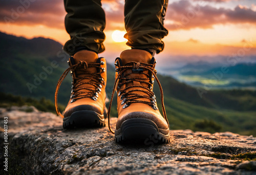 The legs of a man traveler going in hiking shoe for cross-country travel. Front view. Green highland with evening sunset sky on background.