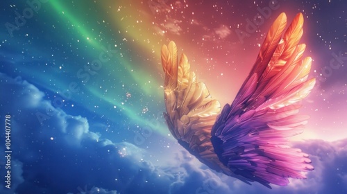 Illustration beautiful rainbow angel feathered wings on beautiful aurora sky background. AI generate