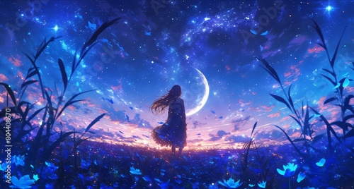 A girl standing under the stars, gazing at a crescent moon in the twilight sky.