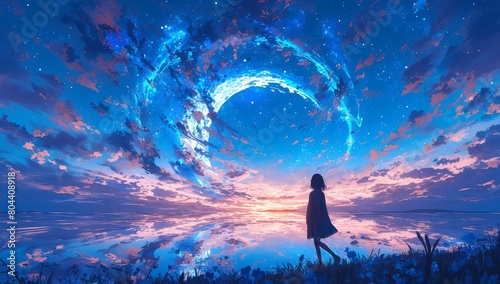A girl standing under the stars, gazing at an elegant moon in the twilight sky. 