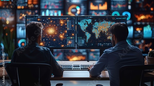 Data Scientists Analyzing Global Data and Stellar Formations on High-Tech Computer Screens in a Modern Office