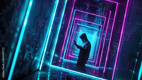 Silhouetted Figure in Neon-Lit Tunnel: A Futuristic Cyber Security Vision with a Hacker in the Digital Data Center, Unleashing Digital Shadows in the Heart of Cybersecurity’s Domain.