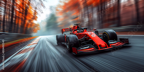 red acing car driving fast on the race track in nature at autumn. Motion blur
