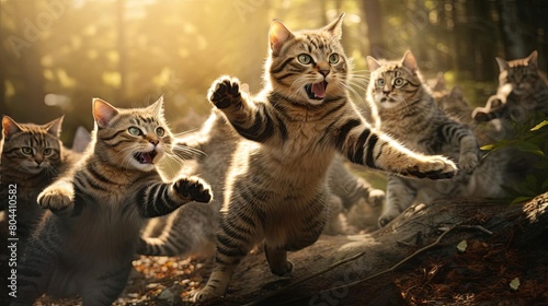Dynamic scene of cats in combat, jumping with paws out, outdoors, focused depth