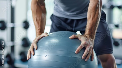 As the routine continues the man grabs a stability ball for a set of back and abdominal exercises adding a new challenge to his workout.