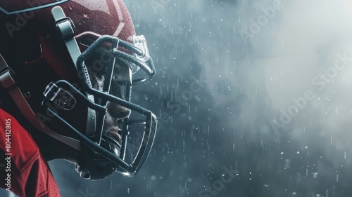 Close-up of focused athlete in football helmet rain