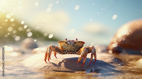 Crab On The River Beach Closeup Portrait Bokeh Blurred Background - Generative AI