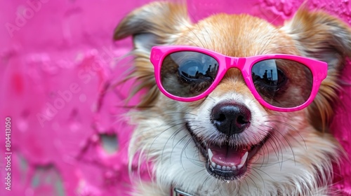 Cute fluffy Welsh Corgi dog with collar and sunglasses looking at the camera against a pink background