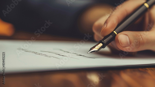 hand signing a contract with a fountain pen on a polished wooden desk symbolizing business agreements and legal transactions in corporate settings.