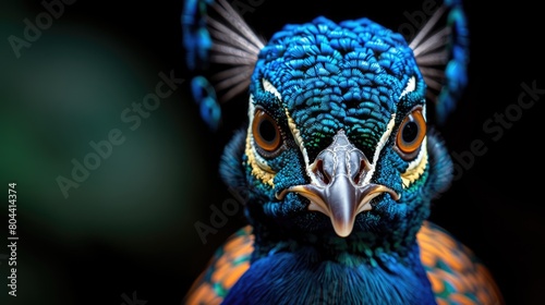 Close-up portrait of a male peacock displaying beautiful plumage; Lincoln, Nebraska, United States of America, 8k Genrative AI