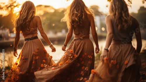 Golden Hour Dance: Four Women Holding Hands in Flowing Floral Dresses by a Lake